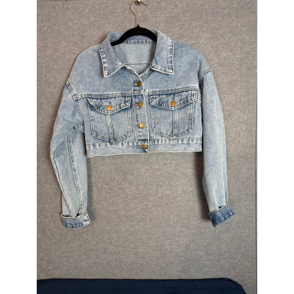 Cropped Denim Jacket Small Light Blue Button Up Boxy Jean Trucker Y2K Streetwear